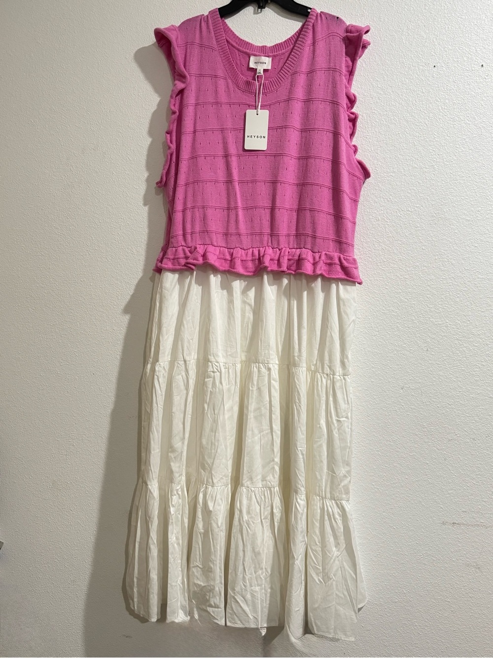 Reyson Pink Knit Bodice with White Tiered Midi Skirt Dress